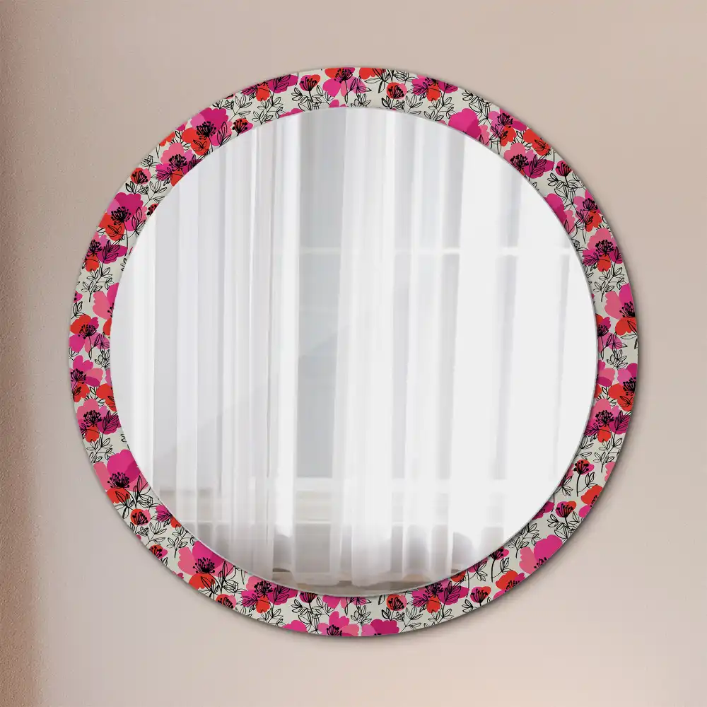 Round wall mirror decor Pink poppies