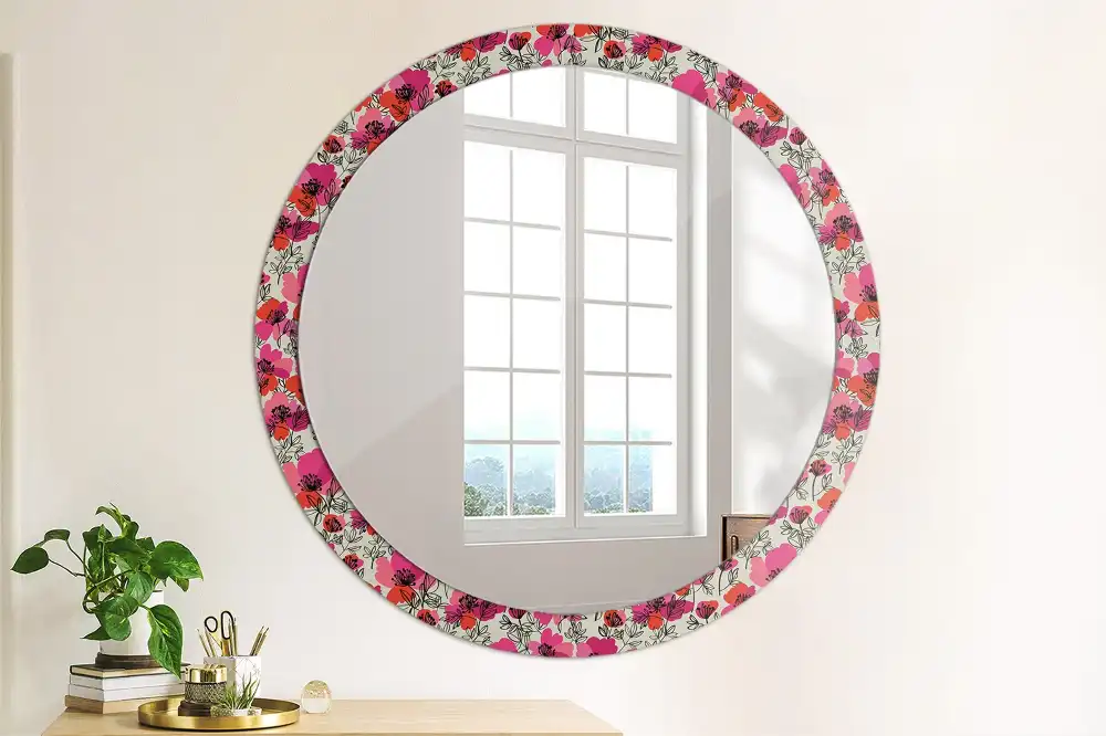 Round wall mirror decor Pink poppies