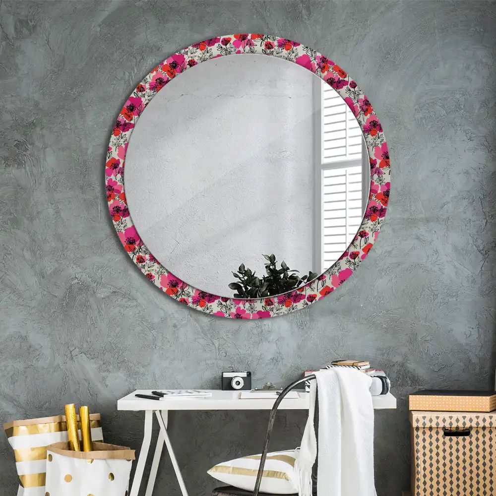 Round wall mirror decor Pink poppies