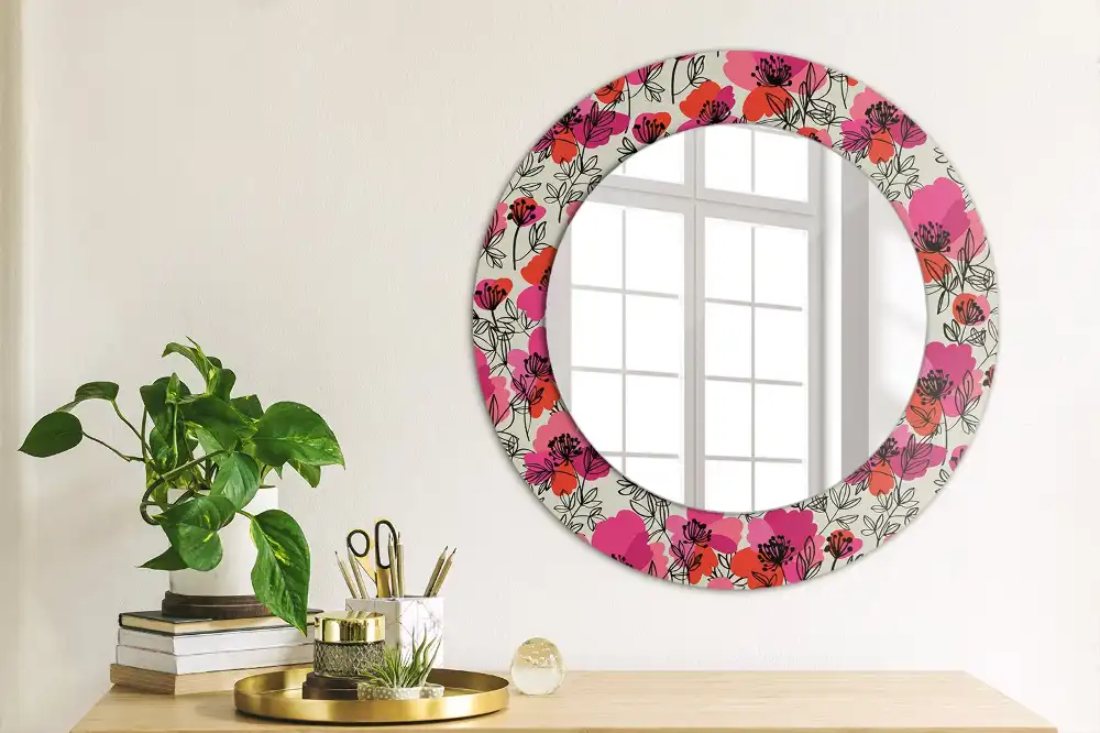 Round wall mirror decor Pink poppies