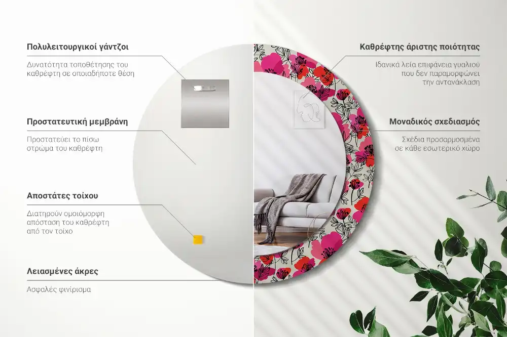 Round wall mirror decor Pink poppies