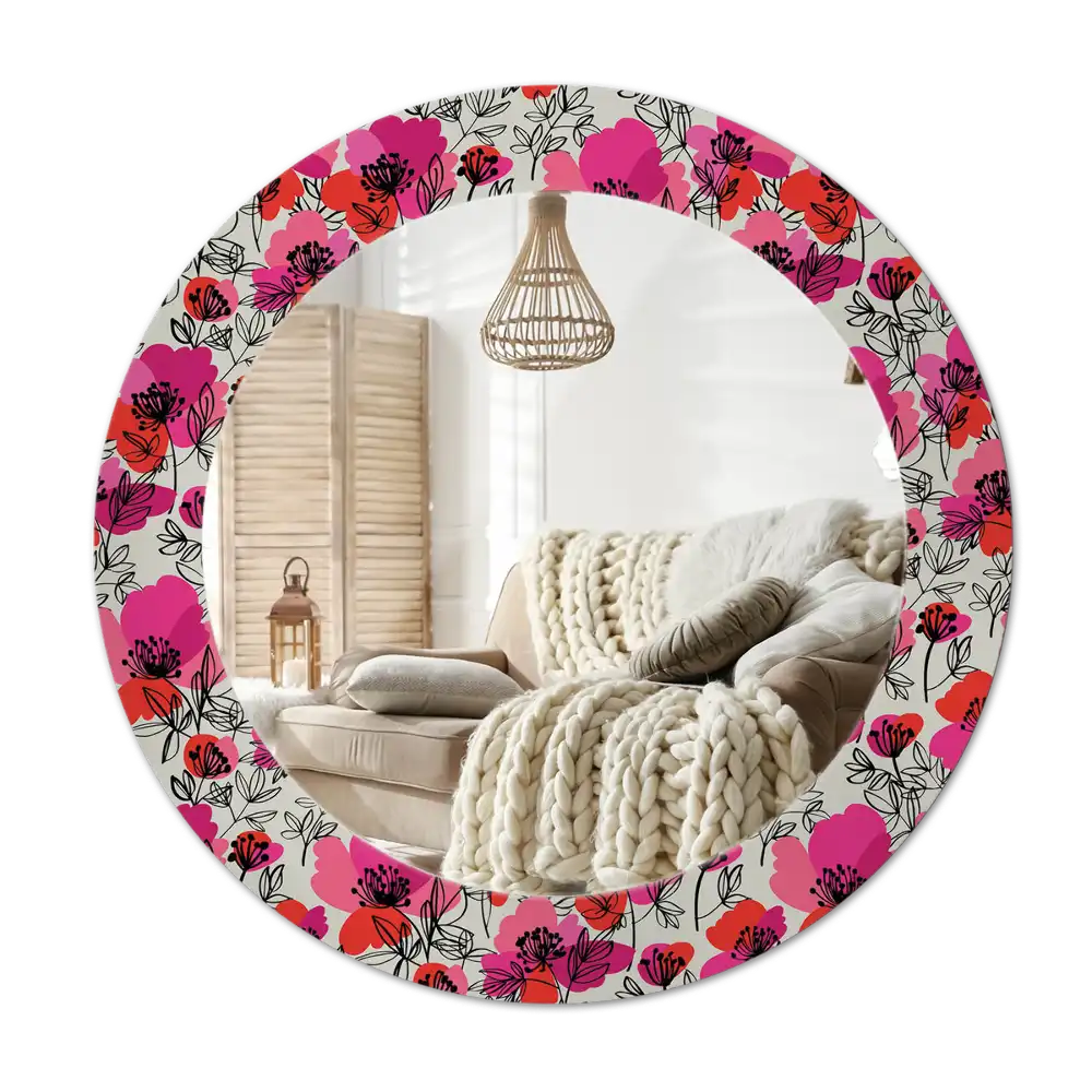 Round wall mirror decor Pink poppies