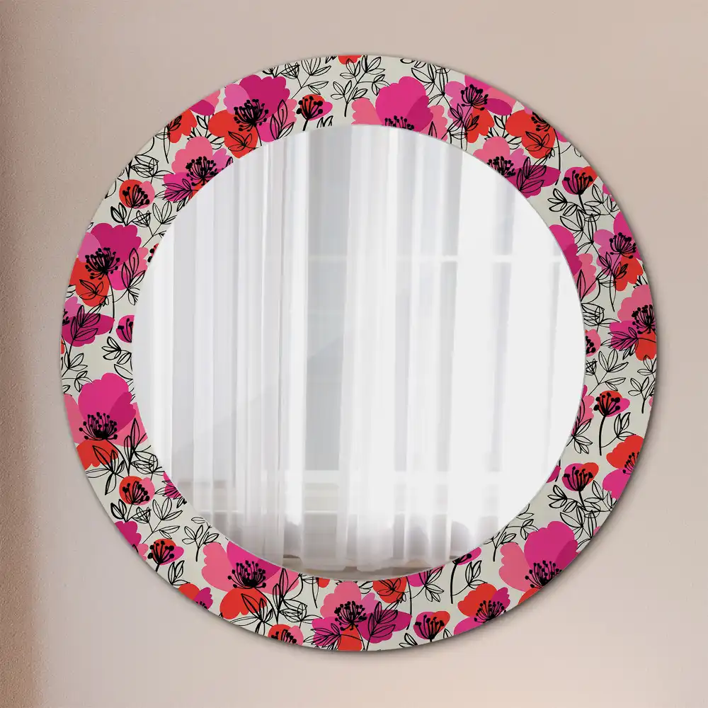 Round wall mirror decor Pink poppies