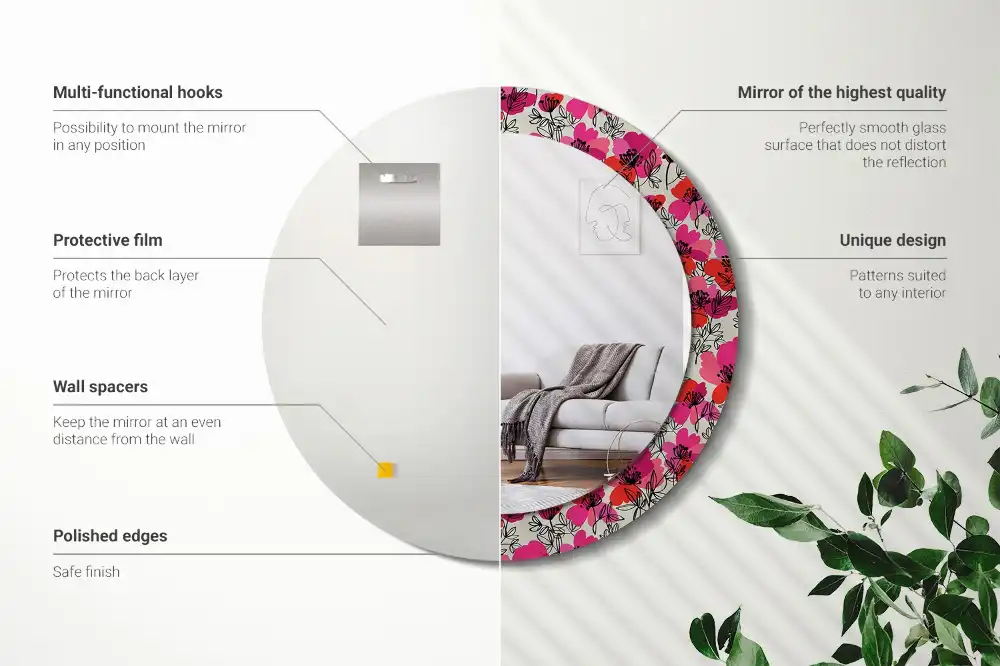 Round wall mirror decor Pink poppies