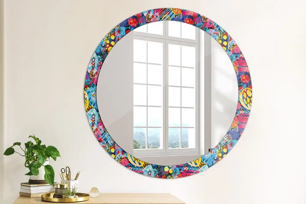 Round mirror frame with print Colorful scribbles