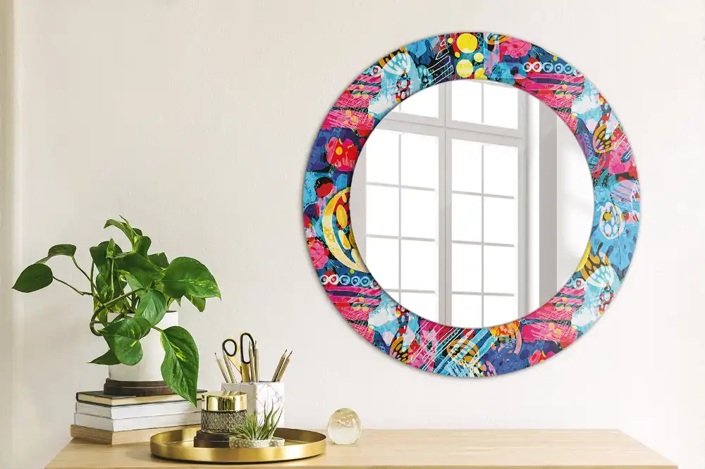 Round mirror frame with print Colorful scribbles