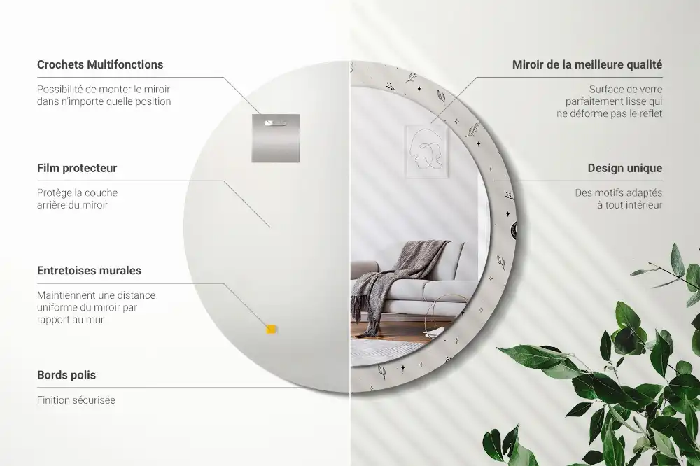Round mirror frame with print Doodle plants