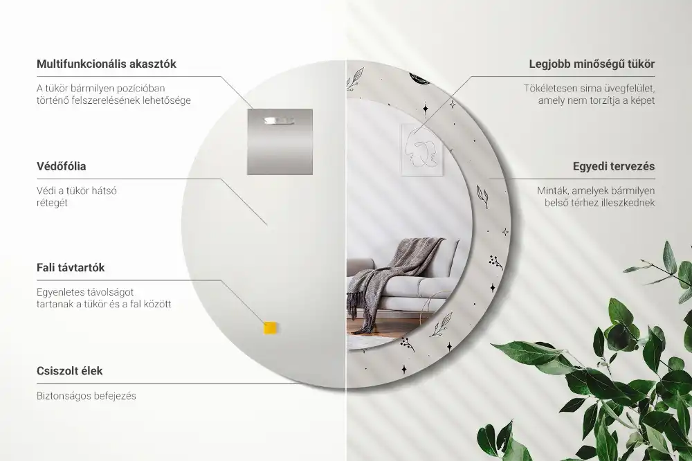 Round mirror frame with print Doodle plants