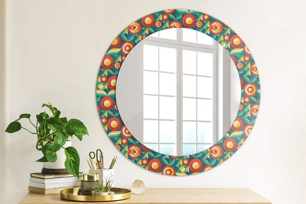 Round mirror frame with print Geometric Fruits and Leaves