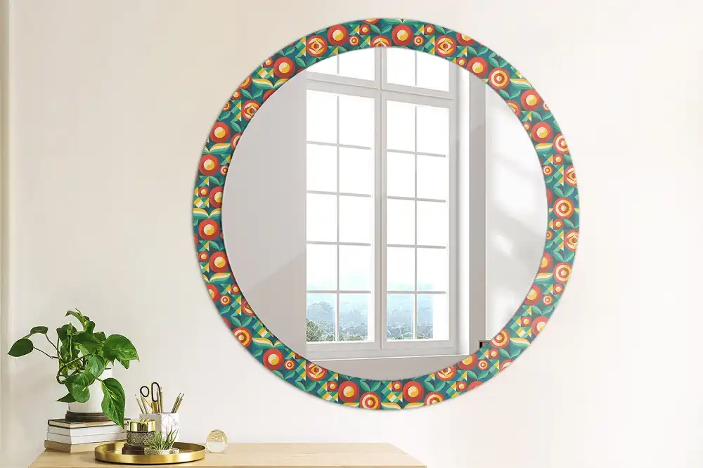 Round mirror frame with print Geometric Fruits and Leaves