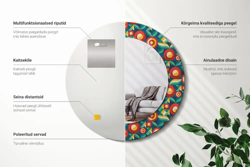 Round mirror frame with print Geometric Fruits and Leaves