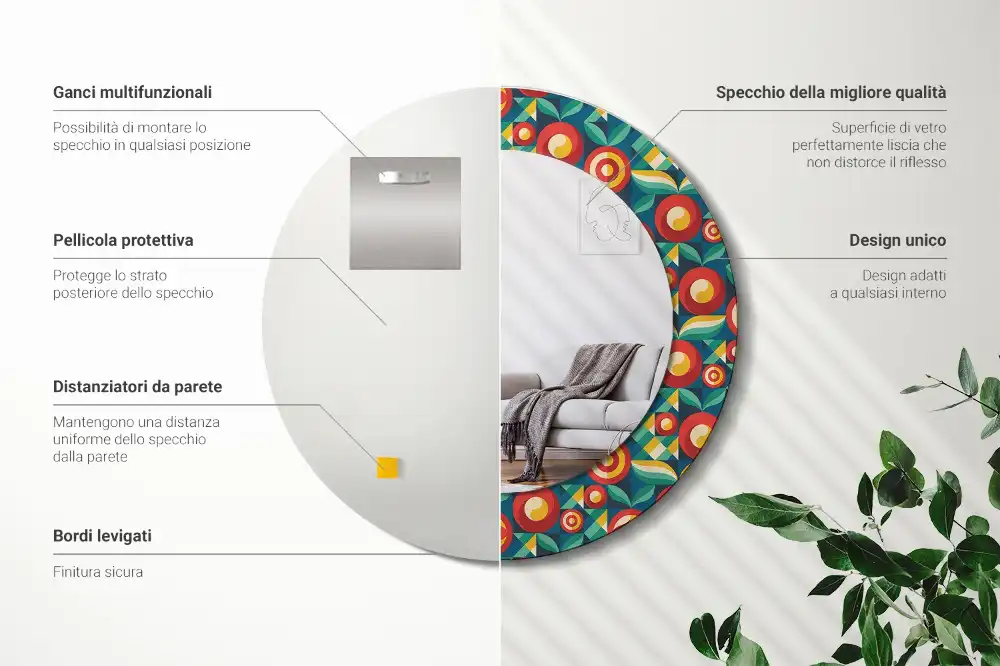 Round mirror frame with print Geometric Fruits and Leaves