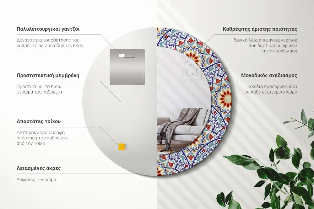 Round printed mirror Oriental composition