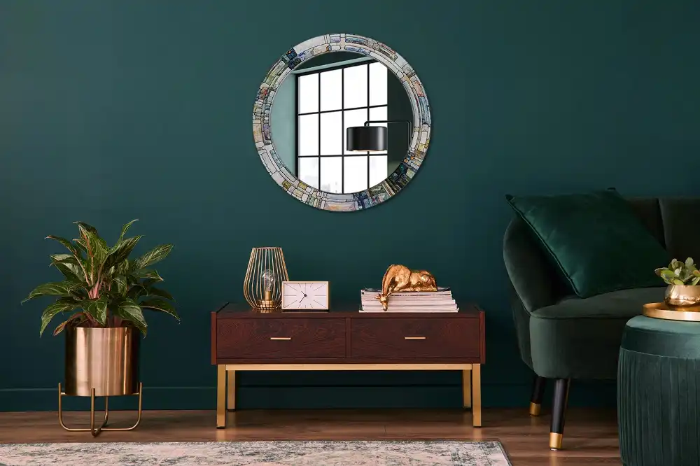 Round mirror frame with print Stained glass