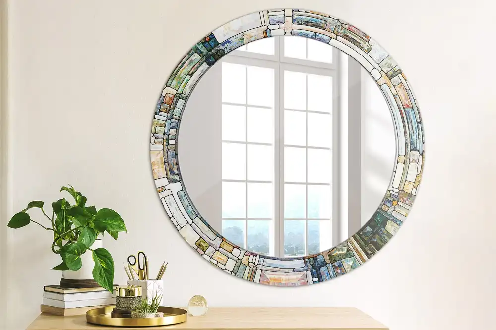 Round mirror frame with print Stained glass