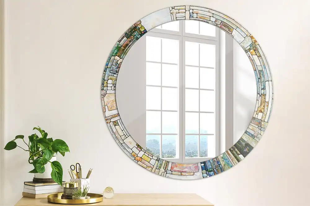 Round mirror frame with print Stained glass