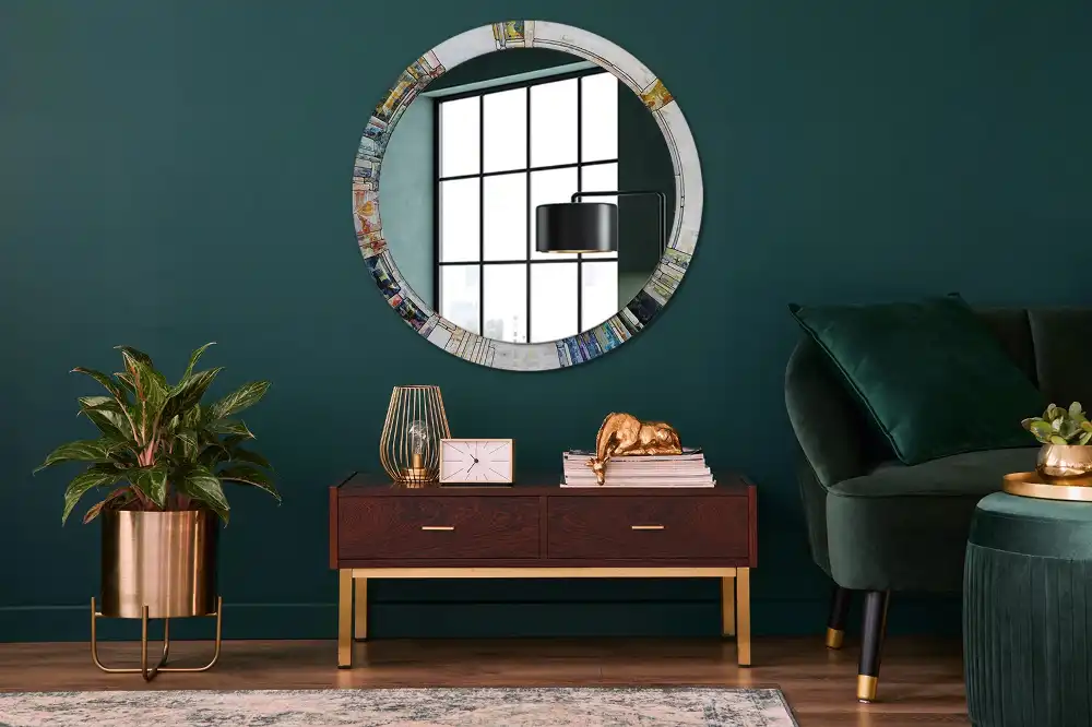 Round mirror frame with print Stained glass