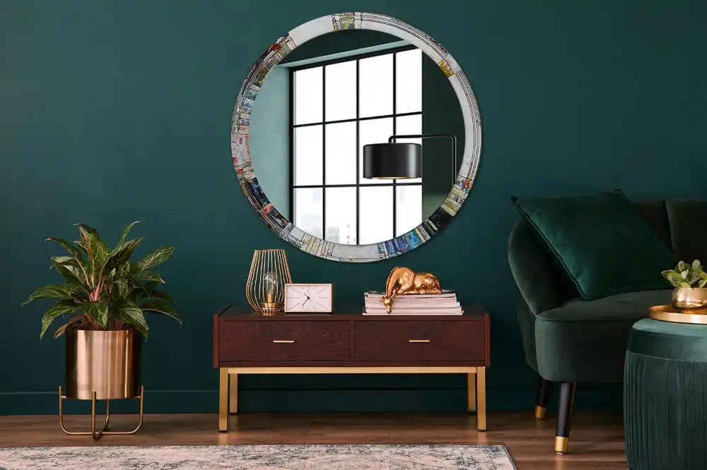 Round mirror frame with print Stained glass
