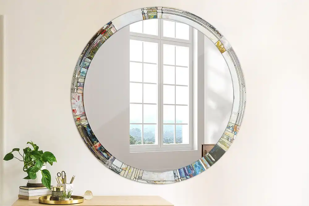 Round mirror frame with print Stained glass