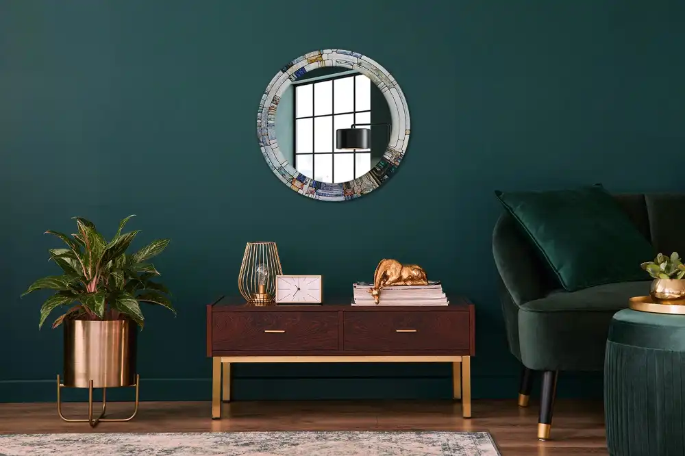 Round mirror frame with print Stained glass