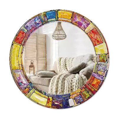 Round mirror frame with print Colorful stained glass