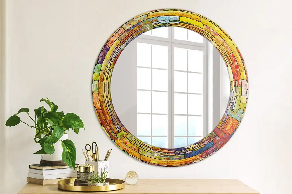 Round mirror frame with print Colorful stained glass