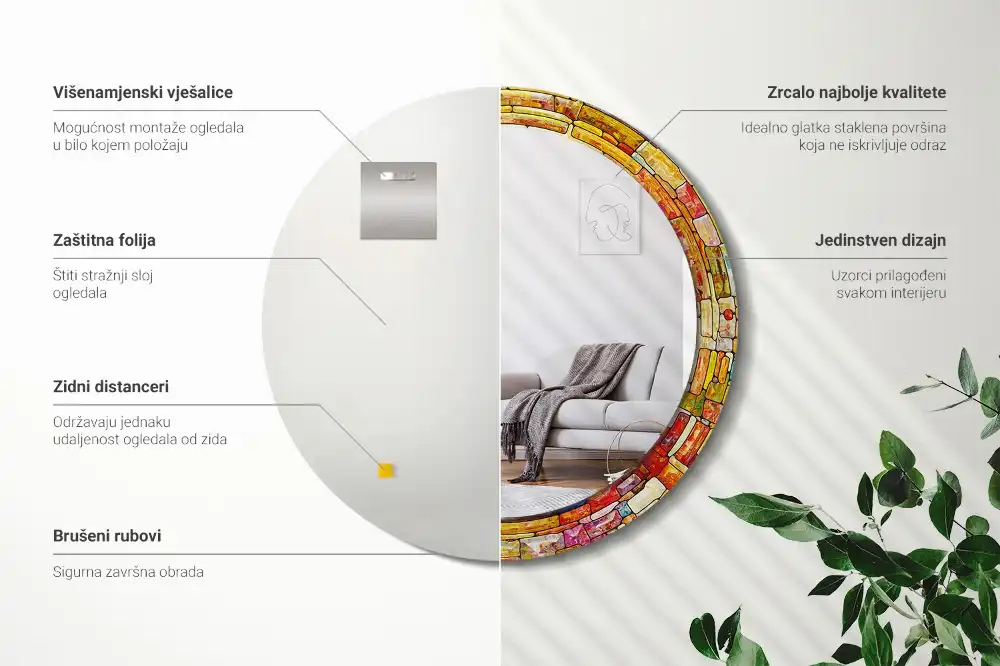 Round mirror frame with print Colorful stained glass