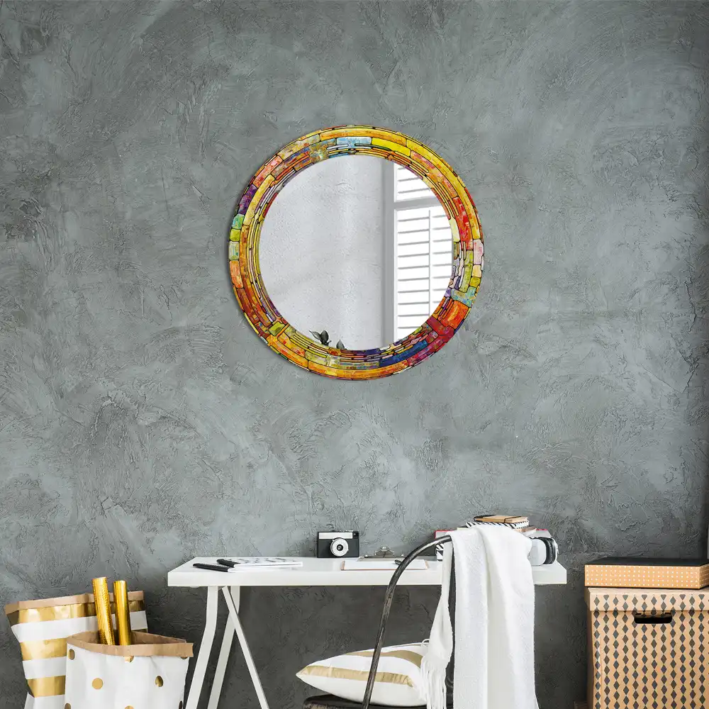 Round mirror frame with print Colorful stained glass