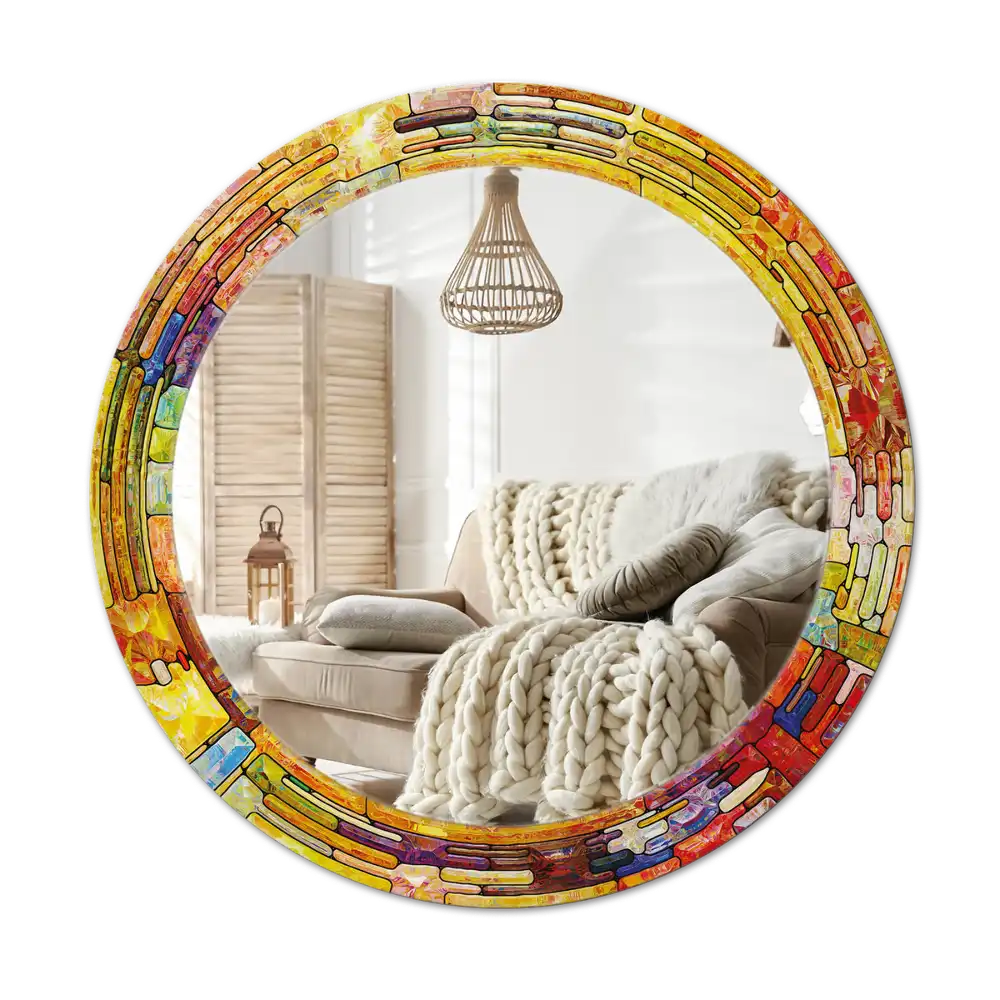 Round mirror frame with print Colorful stained glass