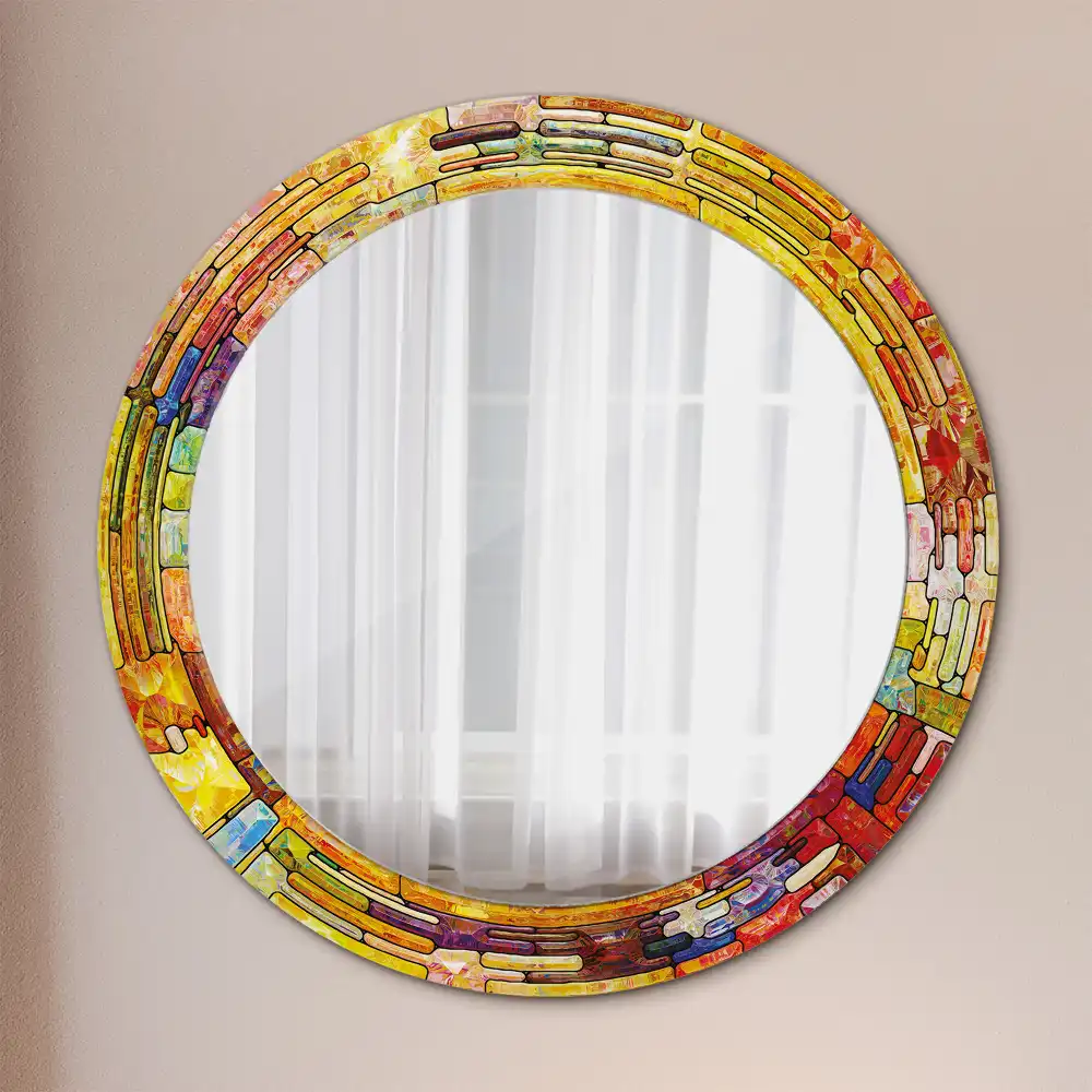 Round mirror frame with print Colorful stained glass