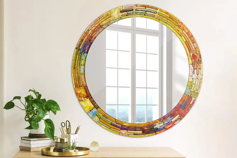 Round mirror frame with print Colorful stained glass