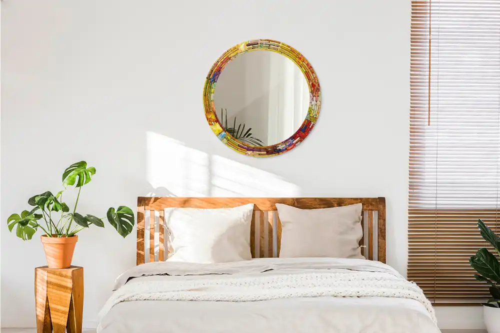 Round mirror frame with print Colorful stained glass
