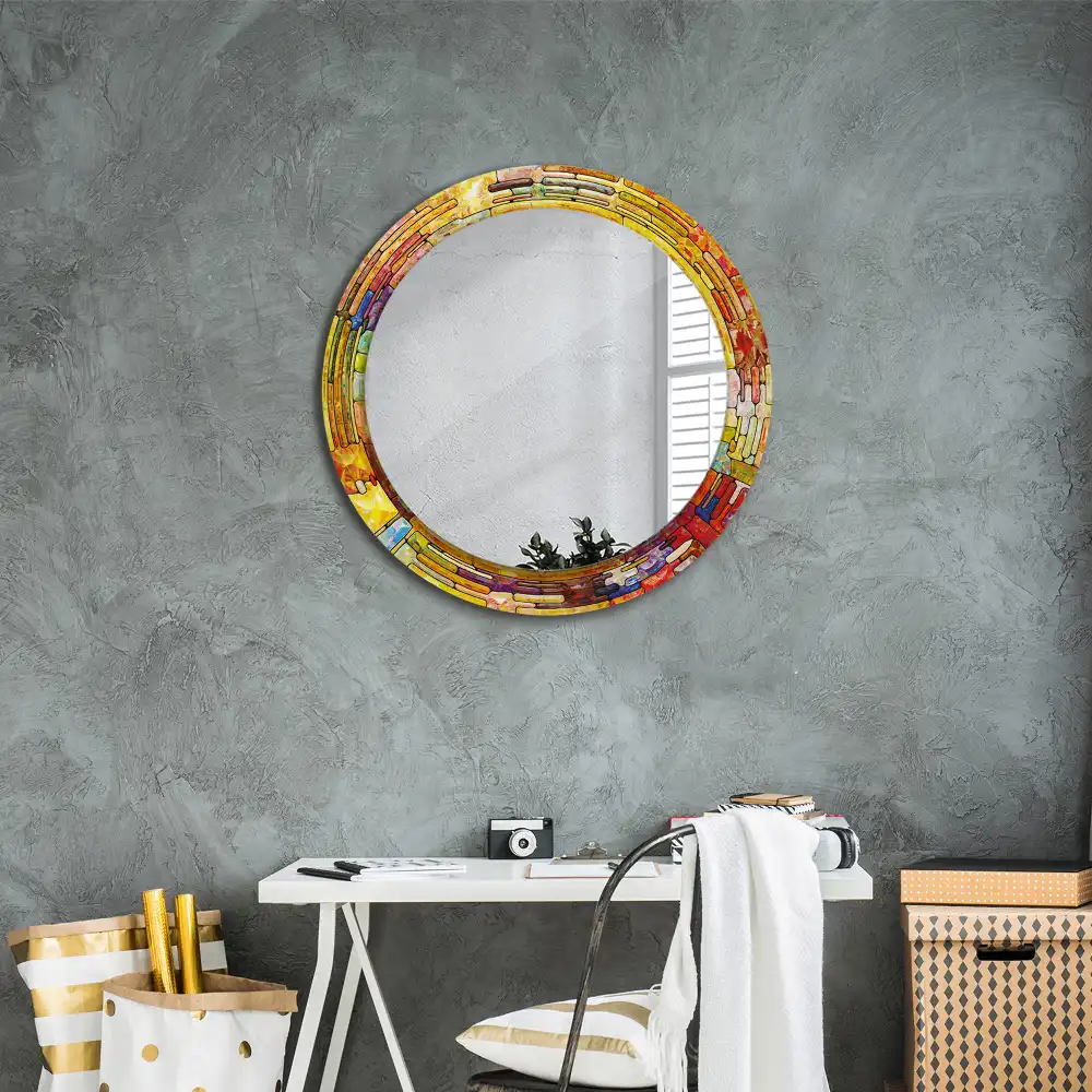 Round mirror frame with print Colorful stained glass