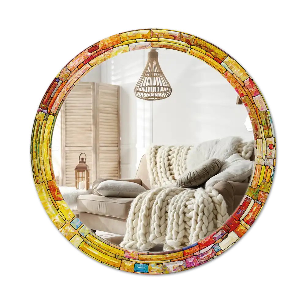 Round mirror frame with print Colorful stained glass