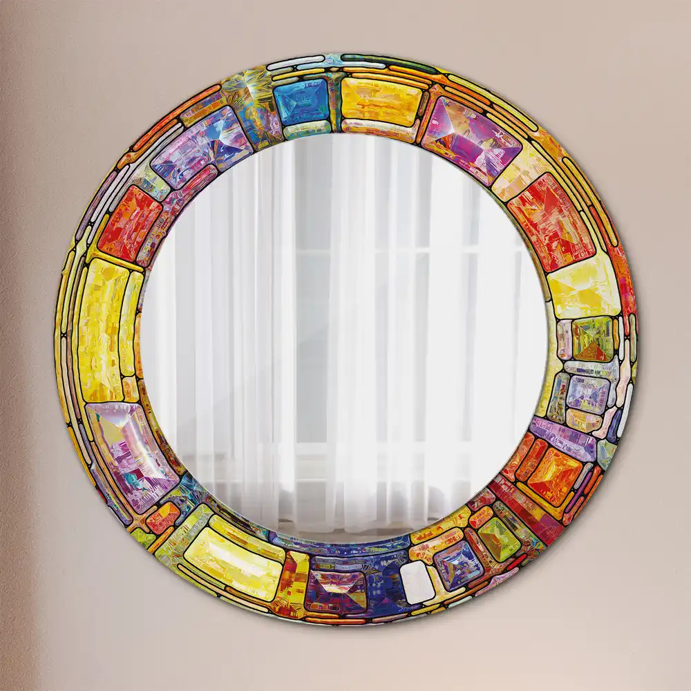 Round mirror frame with print Colorful stained glass