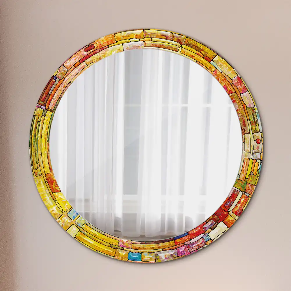 Round mirror frame with print Colorful stained glass