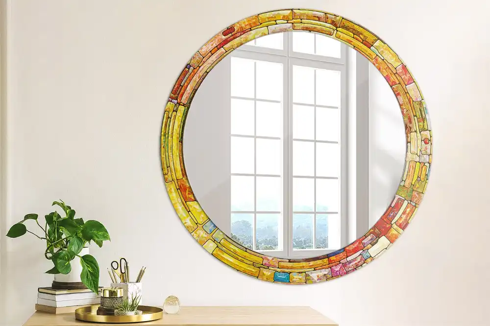Round mirror frame with print Colorful stained glass