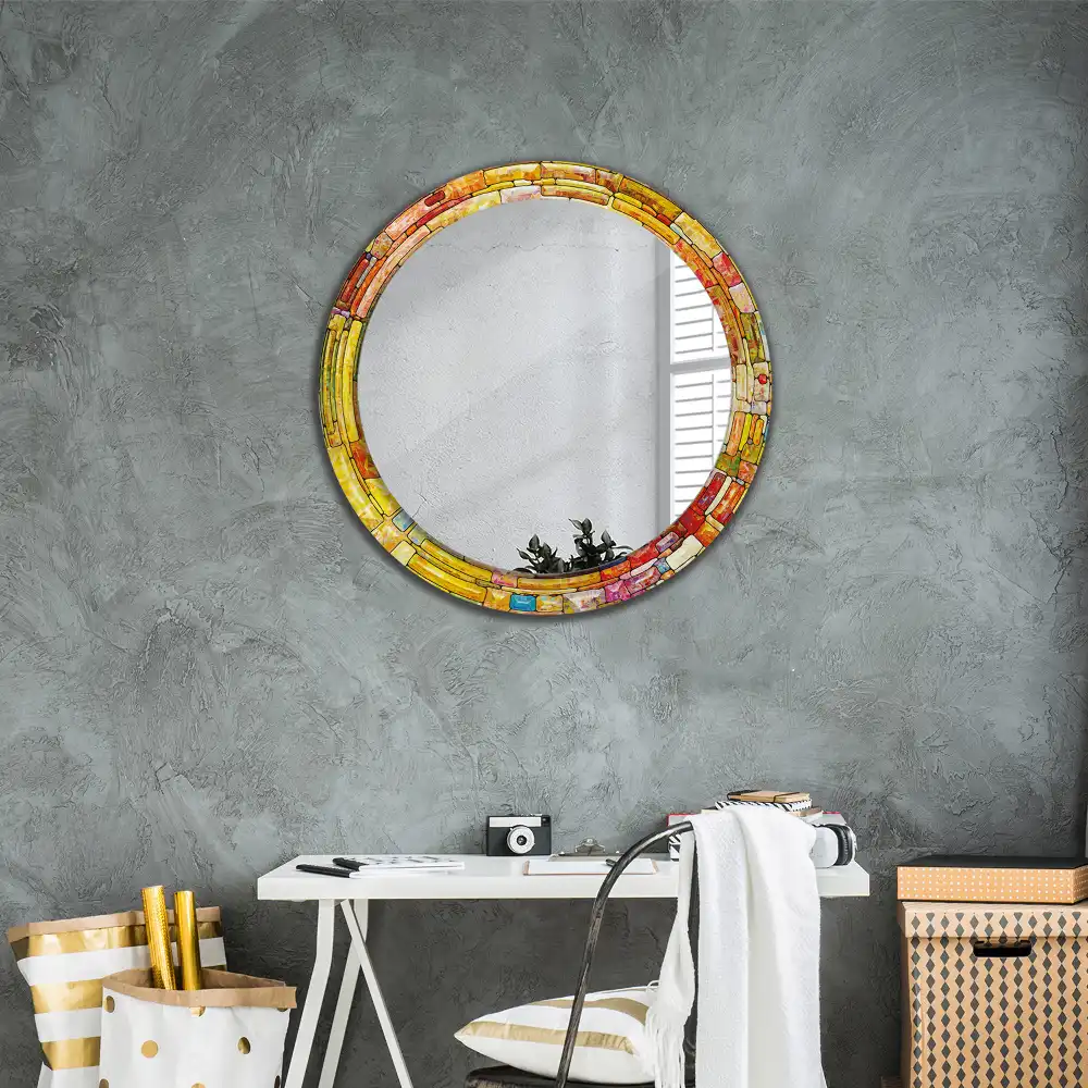 Round mirror frame with print Colorful stained glass