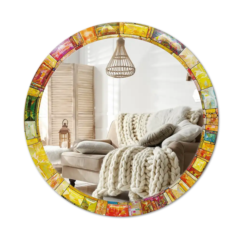 Round mirror frame with print Colorful stained glass