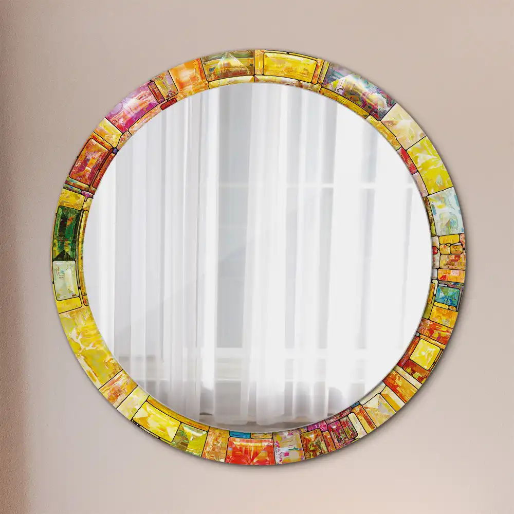 Round mirror frame with print Colorful stained glass