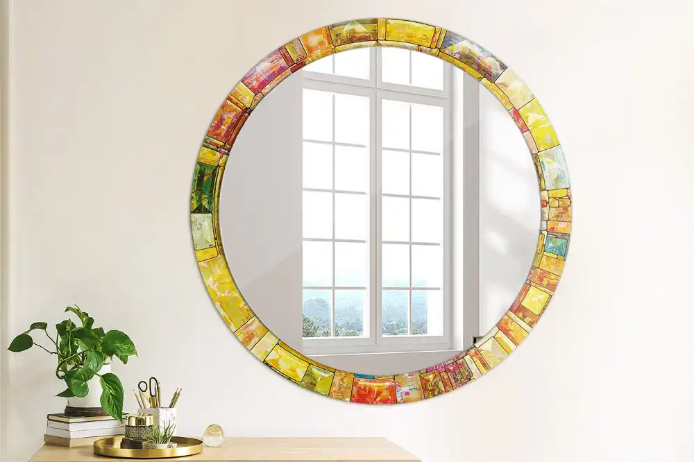 Round mirror frame with print Colorful stained glass