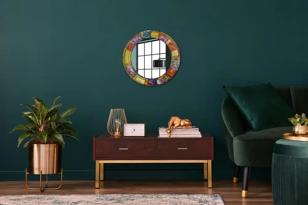 Round mirror frame with print Colorful stained glass