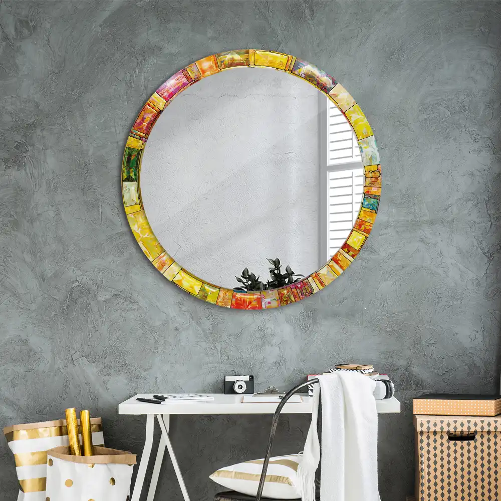 Round mirror frame with print Colorful stained glass