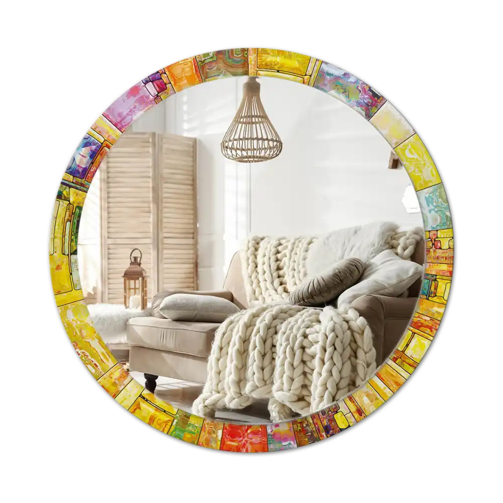 Round mirror frame with print Colorful stained glass