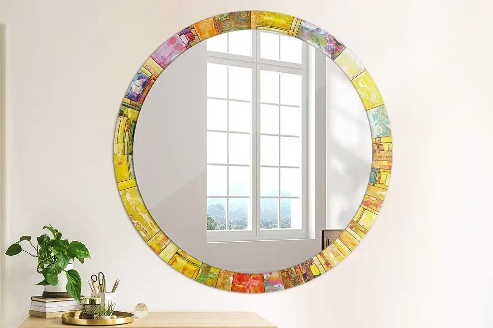 Round mirror frame with print Colorful stained glass