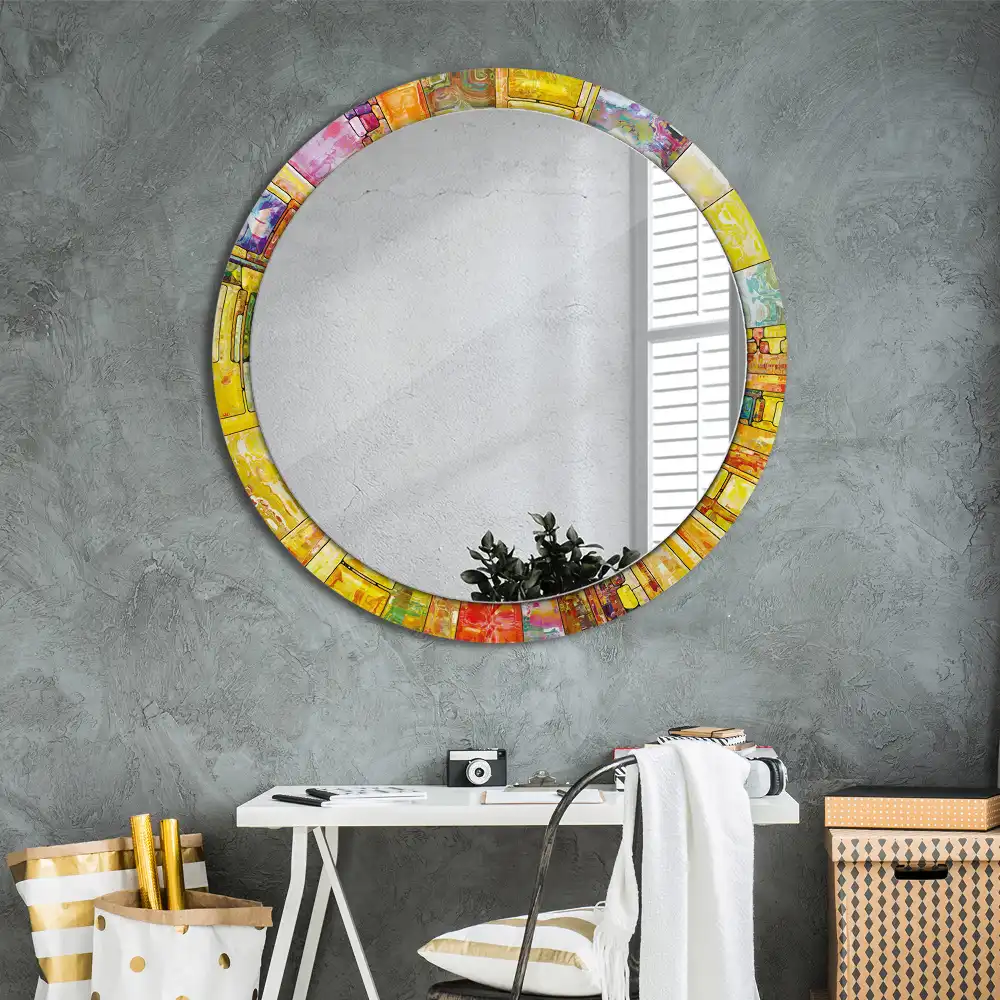 Round mirror frame with print Colorful stained glass