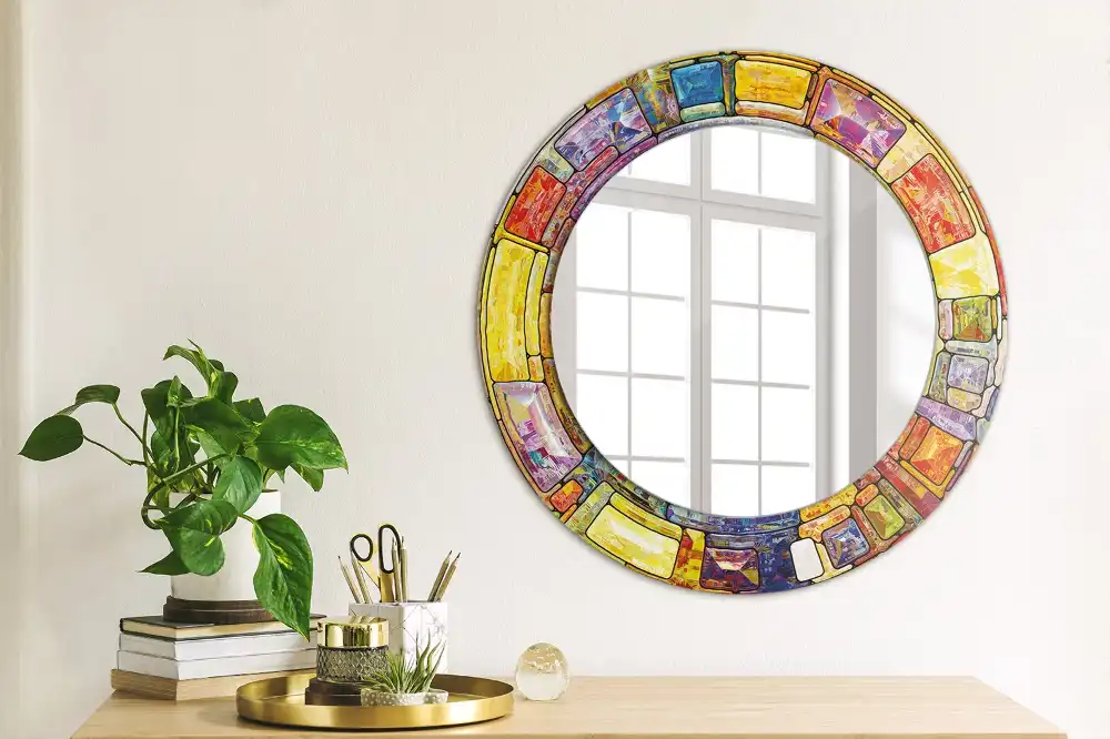 Round mirror frame with print Colorful stained glass