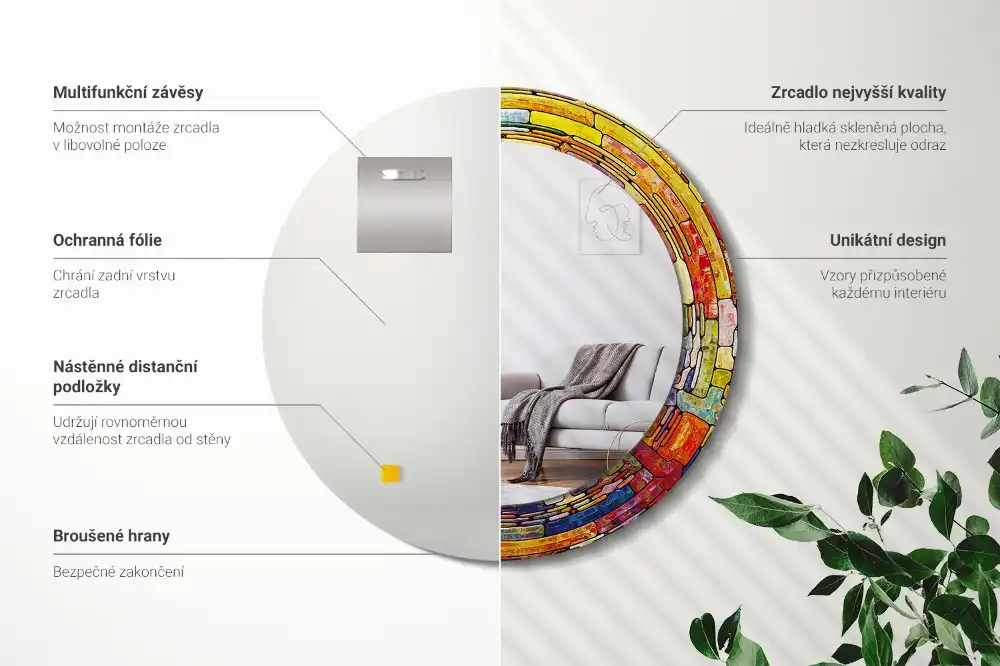 Round mirror frame with print Colorful stained glass