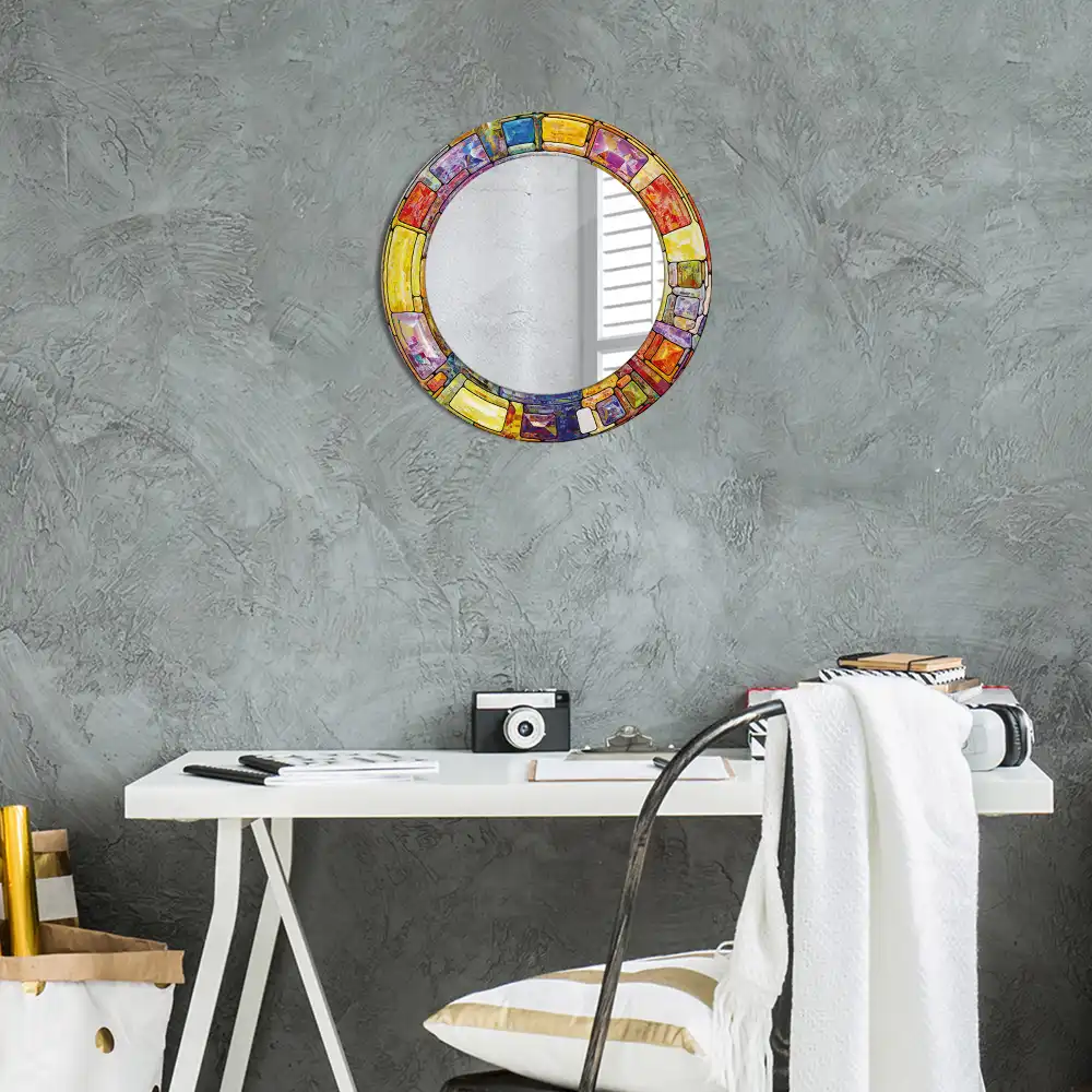 Round mirror frame with print Colorful stained glass