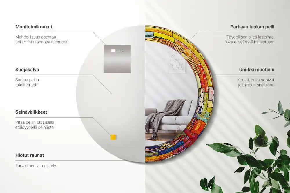 Round mirror frame with print Colorful stained glass